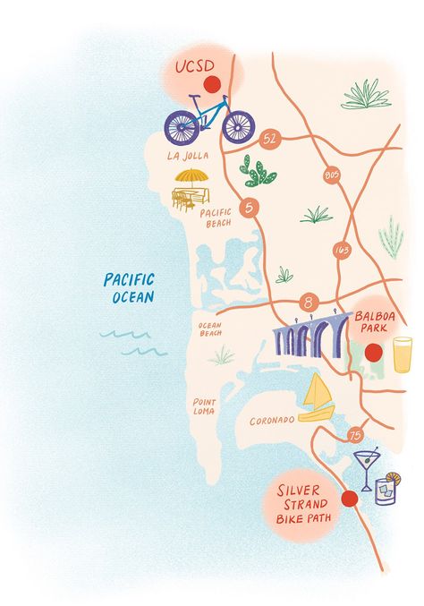 3 Central San Diego Walking Routes to Explore in the New Year | Outdoors | sandiegomagazine.com San Diego Map Illustration, San Diego Landmarks, San Diego To Do, San Diego Map, San Diego Neighborhoods, Georgia Street, San Deigo, San Diego Art, Illustrated Maps