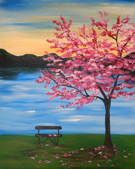 Wine & painting cherry blossoms at Pinot’s Palette Easy Nature Paintings, Tree Painting Easy, Easy Landscape Paintings, Kraf Kertas, Cherry Blossom Painting, Acrylic Painting Ideas, Simple Canvas Paintings, Easy Canvas Art, Easy Canvas Painting