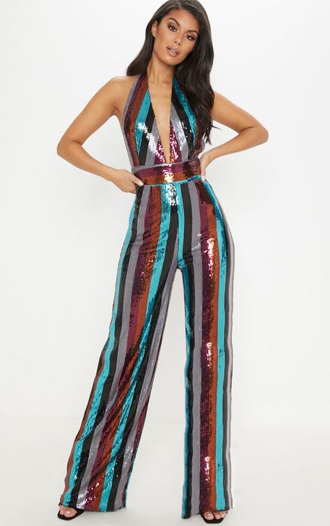 Multi Stripe Sequin Halterneck Jumpsuit 70s Disco Jumpsuit Outfit, 70s Sparkly Outfit, Bell Bottom Jumpsuit Vintage 70s, 70s Sequin Jumpsuit, Disco Woman Outfits, Cirque Du Soleil Party Outfit, 70s Disco Attire, Vintage Nye Outfit, Soul Train Outfits Women