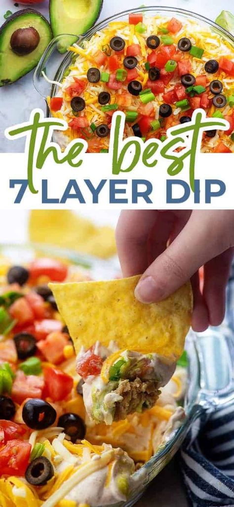 Easy Layered Bean Dip, Chips And Dip Charcuterie Board, Layer Dip Recipe, 7 Layer Dip Recipe, Superbowl Food, Layered Dip Recipes, Layered Bean Dip, 7 Layer Dip, Layered Taco Dip