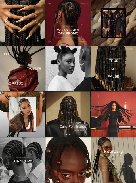 Instagram visual feed for hair braiding salon with infographic and text, Creative visual grid, vibrant and colorful, trending aesthetic Instagram, red, grey, gold, braids, fashion, style, posts design, infographic, beauty, SMM, social media temple Instagram Grid Beauty, Hair Braiding Aesthetic, Hair Business Photoshoot Ideas Braids, Hair Brand Instagram Feed, Hair Salon Social Media Design, Braider Instagram Content, Fashion Social Media Posts Instagram, Hair Salon Instagram Post Ideas, Hair Feed Instagram