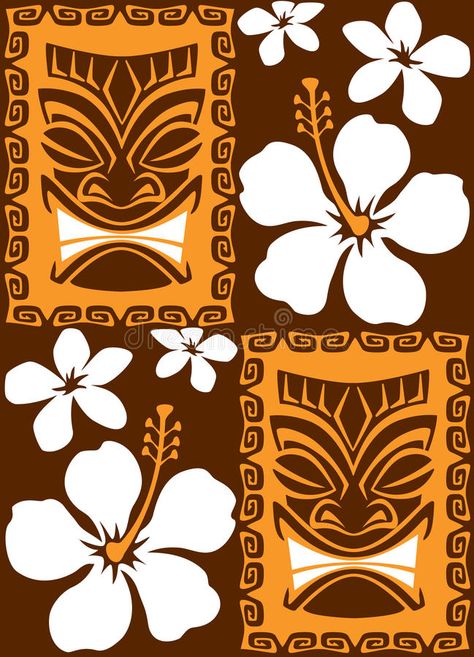 Tiki Cartoon, Hawaii Symbols, Tiles Illustration, Tiki Pattern, Tiki Tattoo, Hawaiian Design, Tiki Bar Decor, Polynesian Art, Tiki Tiki