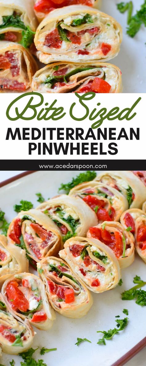 These Vegetarian Mediterranean Pinwheels are a great way to start any party! They're colorful, light, and fresh - perfect for satisfying appetites. Plus, they're easy to make and can be doubled if you're feeding a crowd. Feta cheese gives these pinwheels a delicious flavor that everyone will love. Give this recipe a try today! Best Football Appetizers, Mediterranean Party Food, Food For Summer, Potluck Finger Foods, Pinwheel Recipe, Mediterranean Snacks, Mediterranean Appetizers, Pinwheels Recipe, Bite Size Appetizers