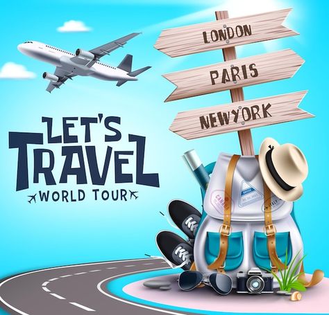 Travel vector banner design. let's go tr... | Premium Vector #Freepik #vector #travel #travel-3d #tourism #camp Travel Advertising Design, Travel Brochure Design, Azerbaijan Travel, Tourism Design, Travel Vector, Adventurous Design, Travel Advertising, Tourism Poster, Travel Poster Design