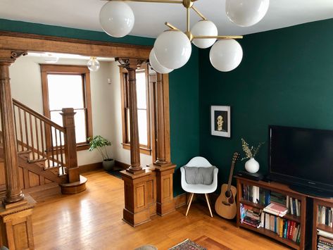 A Victorian House from the 1880s Is Now a Jewel-Toned Modern Gem | Apartment Therapy Tone On Tone Interior Design, Green Paint Wood Trim, 1890s House Interior, Victorian Modern House, Jewel Tone Interior Design, 1900 Interior, 1880s House, Two Tone Wall, Modern Victorian House