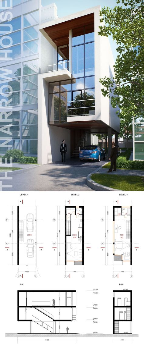 Narrow House Plans, Pelan Rumah, Eksterior Modern, Narrow House, Design Exterior, Architecture Exterior, Facade Design, Modern Exterior, Architectural Inspiration