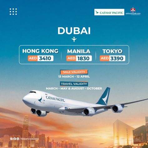 🌟✈️ Exciting news travelers! Experience the world with Cathay Pacific's special fares from Dubai to your dream destinations! 🌏✨ 🇭🇰 Dubai to Hong Kong: AED 3,410 🇵🇭 Dubai to Manila: AED 1,830 🇯🇵 Dubai to Tokyo: AED 3,390 📅 Sale Validity: March 13th - April 12th ✈️ Travel Validity: March - May & August - October 🎉 Don't miss this opportunity to explore these incredible cities at amazing prices! Book now and let your adventures begin! 🎫✨ Visit: https://www.akbartravels.com/ae/flight #cathay... New Product Ads, Travel Design Ideas, Travel To Uk, Travel Banner, Travel Advertising Design, Travel Website Design, Travel Creative, Travel Ad, Travel Advertising