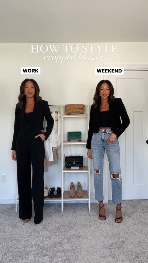 Black Cropped Blazer Outfit, Cropped Blazer Outfit Classy, Fitted Blazer Outfit, Workoutfit Workwear, Crop Blazer Outfit, Cropped Blazer Outfit, Cropped Outfits, Black Blazer Outfit, Blazer Outfits Casual