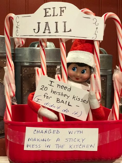 Candy Cane Jail Elf On The Shelf, Elf On The Shelf In Jail, Elf In Jail, Elf On The Shelf Bowling, Elf Jail, Funny Elfs, Elf Ideas Easy Funny, Elf On The Shelf Pet Ideas, Elf On Shelf Funny