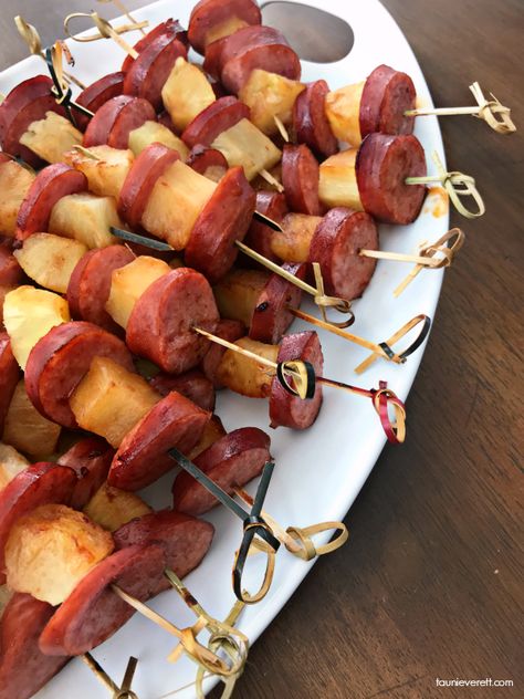 Luwow Party Ideas, Pool Party Bbq Food Ideas, Luau Bbq Party Ideas, Teriyaki Kielbasa, Backyard Luau Party Ideas, Luau Appetizers, Backyard Bbq Party Food, Kielbasa Bites Recipe, Bbq Party Ideas