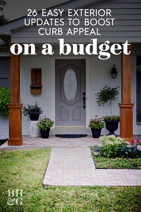 These are our top ideas for curb appeal on a budget, including stress-free landscaping solutions and inexpensive front door ideas.  Add interest to your home's exterior without the high price tag! Try these easy updates for instant curb appeal. #curbappeal #homeimprovement #porchideas #exteriormakeover #bhg Easy Curb Appeal Ideas, Curb Appeal Easy, Curb Appeal On A Budget, Front Door Landscaping, Exterior Updates, Improve Curb Appeal, Front Yards Curb Appeal, Boost Curb Appeal, Diy Curb Appeal