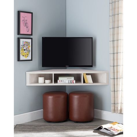 Ebern Designs French Floating Corner TV Stand for TVs up to 55" & Reviews | Wayfair.ca Floating Corner Tv Stand, Oak Corner Tv Stand, Corner Tv Stands, Corner Tv Unit, Floating Tv Stand, Floating Tv, Corner Tv Stand, Corner Tv, Shelving Design