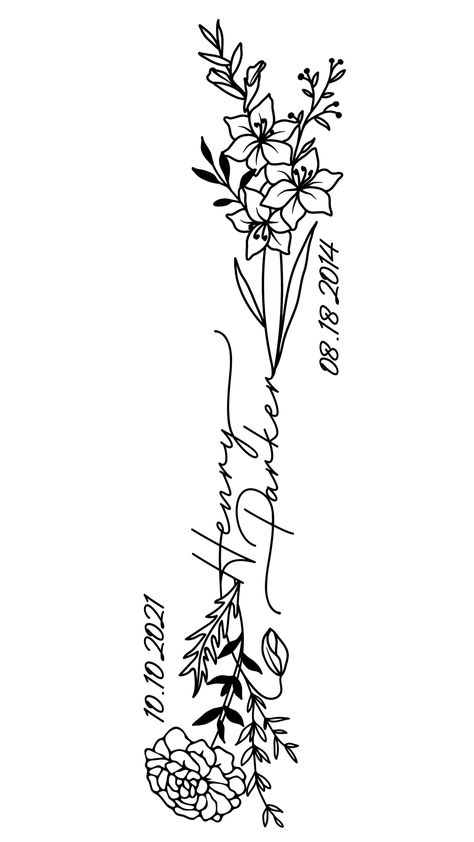 Flower Daughter Tattoo, In Memory Flower Tattoo, Half Sleeve Tattoos For Moms With Kids, Back Of Arm Tattoos For Women Upper, May Flower Tattoo Ideas, Daughter Tattoo Ideas For Mom, Tattoo Ideas For Two Kids, Step Parent Tattoo Ideas, Flower Tattoos With Names Stems