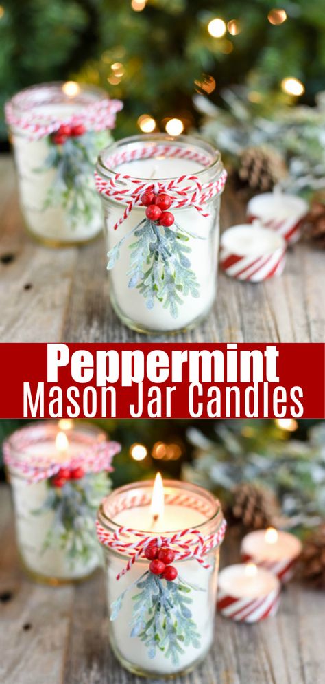 Diy Peppermint Candle, Scented Mason Jar Candles, Make Soy Candles, Candle Diy Mason Jar, Peppermint Candles, Diy Cadeau Noel, Presente Diy, Soya Mumu, Natal Diy