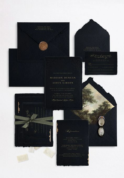 Semi-Custom Wedding Invitations | Papira Dark Elegant Wedding Invitations, Dark Green Invitation Wedding, Wedding Invitations Gothic, Wedding Invitations Aesthetic, Moody Branding, Wedding Invites Elegant, Dark Wedding Invitations, Moody Wedding Invitations, Dark Wedding Theme