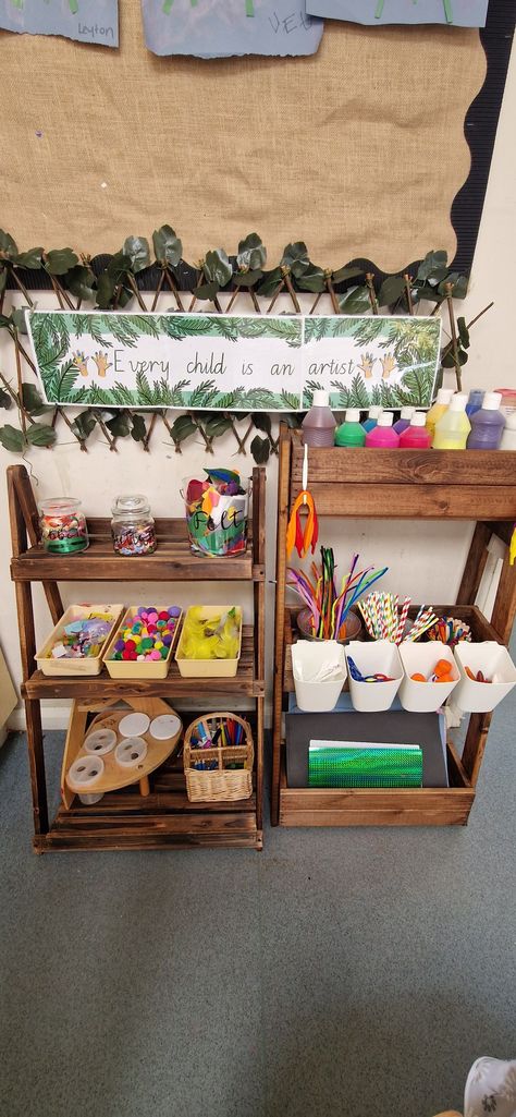 Art And Craft Area Preschool, Kindy Room Set Up Early Childhood, Creative Area Preschool, Eyfs Craft Area, Curiosity Approach Creative Area, Craft Area Eyfs, Painting Area Eyfs, Early Excellence Classroom, Eyfs Continuous Provision