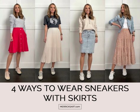 4 Ways to Wear Sneakers With Skirts - Merrick's Art Midi Skirt With White Sneakers, Shoes For Skirts Casual, Midi Skirt Outfit Spring 2023, Long Skirts Outfit 2023, Midi Skirt White Sneakers, White Sneakers Skirt Outfit, White Sneakers With Skirt, Sports Shoes Outfit Women, Sneakers With Skirt Outfits