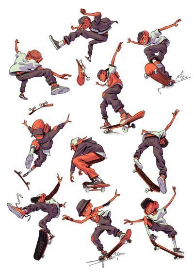 Skateboard Poses Reference Drawing, Skateboard Poses Drawing, Action Pose Sketch, Skateboard Poses, Skater Poses, Infinity Drawings, Skater Art, Action Pose Reference, Poses Drawing