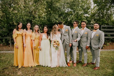 Yellow Wedding Party Attire, Popular Bridesmaid Dresses Colors, Bridesmaids Dresses Yellow, Yellow Groomsmen, Yellow And Tan Wedding, Yellow Bridesmaid Dresses With Groomsmen, Fall Sunflower Wedding Theme Bridesmaid Dresses, Sunflower Summer Wedding, Yellow Wedding Party