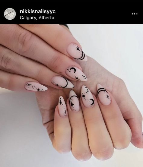 Step into the New Year with style - explore chic and sparkling nail designs! Witch Nails Almond Shape, Witch Wedding Nails, Simple Gothic Nail Designs, Nail Ideas Witchy, Short Goth Nails Ideas, Witchy Summer Nails, Summer Witch Nails, Witchy Almond Nails, Nails Alternative Style