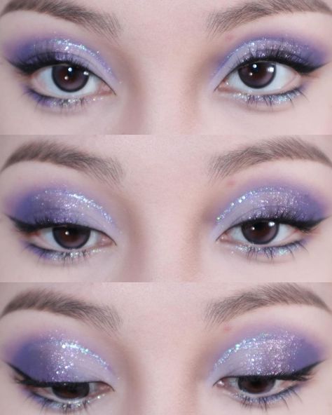 🔮#eyemakeuptutorial #eyemakeupideas | Instagram Shimmery Purple Eye Makeup, Periwinkle Makeup, Minimal Eyeliner, Purple Fairy Makeup, Douyin Eye Makeup, Butterfly Eye Makeup, Quince Makeup, Fantasy Purple, Lavender Makeup