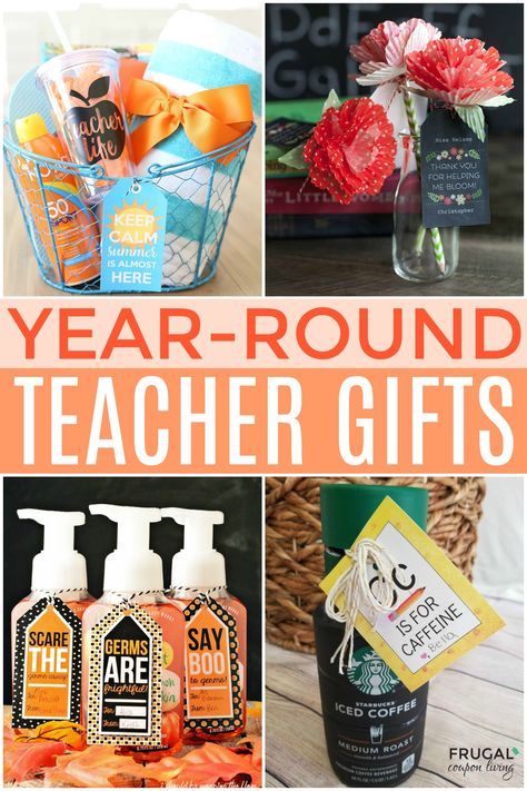 ideas for teacher appreciation gifts for the entire year Easy Teacher Thank You Gifts, Preschool Teacher Gifts Thanksgiving, Thank You Gifts For School Staff, Spring Gifts For Teachers, New Years Teacher Gift Ideas, Parent Teacher Appreciation Ideas, Fall Teacher Appreciation Gifts, Small Thank You Gifts For Teachers, Monthly Secret Pal Ideas