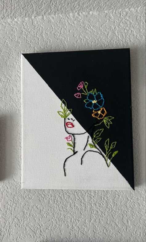 Embroidery Thread Canvas Art, Painting With Thread Hand Embroidery, Painting And Stitching On Canvas, Paint And Sew Canvas, Canvas Art Embroidery, Sewing Canvas Art Ideas, Canvas Stitching Art Ideas, Embroidery Line Art Canvas, Needle And Thread Canvas Art