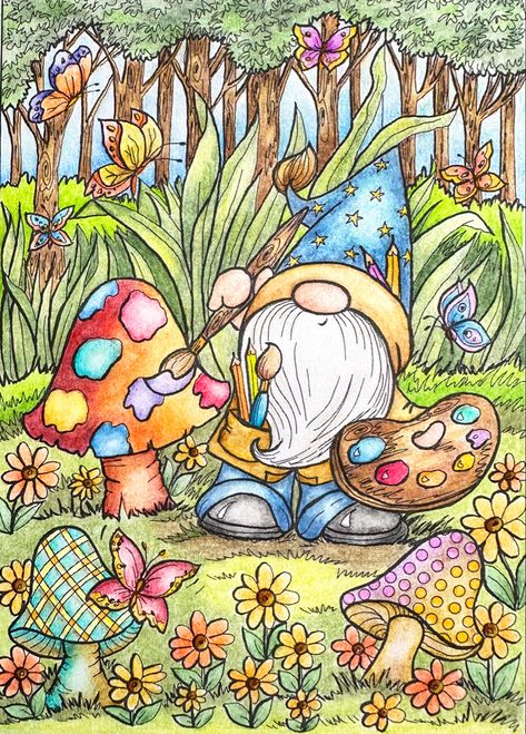 So that’s how the shrooms 🍄 get their beautiful colors! From the delightful new book Gnome Sweet Gnome by Teresa Goodridge. Used Kalour 300, Brutfuner 520, Obos, Lightfast pencils, Zig Clean Color pens. Teresa Goodridge Gnome Sweet Gnome, Gnome Sweet Gnome Coloring Book, Creative Haven Coloring Books Finished, Book Gnome, Denyse Klette, Gnome Painting, Teresa Goodridge, Gnome Sweet Gnome, Gnome Paint