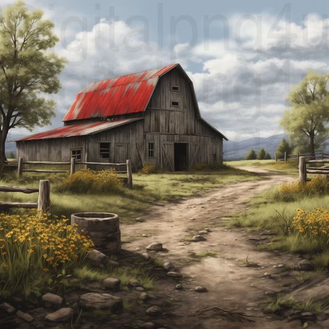 Old Barns Rustic Paintings, Barn Pictures Ideas, Old Barn Paintings, Farmhouse Photography, Old Milk Cans, Barn Pictures, Old Country Churches, Farm Paintings, Country Barns