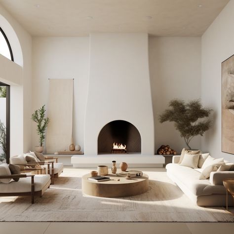 cool but cozy living space with amazing arched plaster fireplace as the focal point. Neutral colors, cozy textures, & light woods Living Room With Arched Windows, Living Room Spanish Modern, Modern Arched Fireplace, Santa Barbara Style Living Room, Modern Spanish Style Fireplace, Modern Mediterranean Furniture, Italian Style Fireplace, Mediterian Style Living Room, Spanish Stucco Fireplace