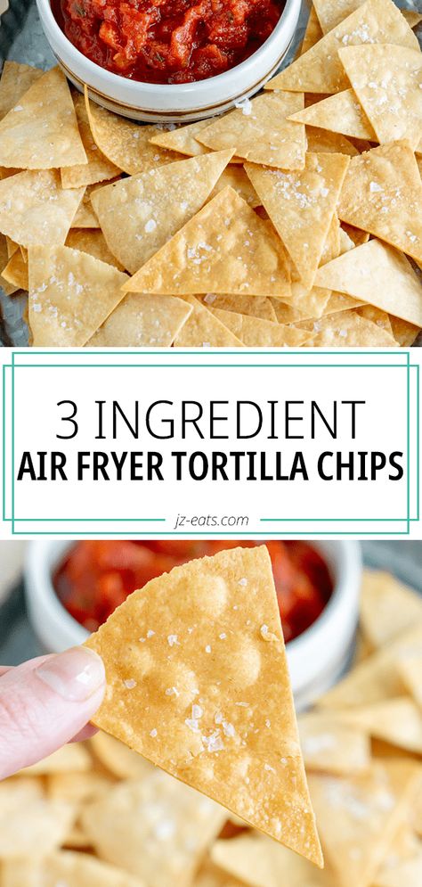 air fryer tortilla chips with salsa and close up Air Fryer Tortilla Chips, Air Fryer Tortilla, Flour Tortilla Chips, Fried Tortilla Chips, Tortilla Chip Recipe, Homemade Tortilla, Fried Chips, How To Make Tortillas, Homemade Tortilla Chips