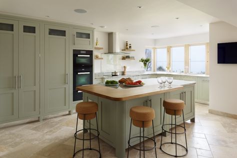 Mersea | Beach House Escape | Country Green Kitchen, Kitchen Design Green, Large Island Kitchen, 2021 Kitchen Trends, Contemporary Shaker Kitchen, Painted Shaker Kitchen, Green Kitchen Island, Kitchen Island Plans, Ikea Design