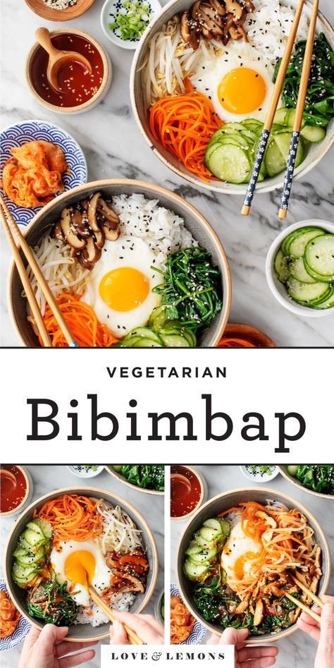 Vegetarian Bibimbap, Korean Food Recipes, Bibimbap Recipe, Seasoned Veggies, Tasty Vegetarian Recipes, Meatless Meals, Soju, Love And Lemons, Vegan Dinners