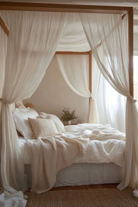 Neutral Canopy Bed, Bed Frames Canopy, Canopy Bed With Bed Skirt, Styling Canopy Bed, Bed Designs With Curtains, Bedroom Inspo Canopy Bed, White Bed With Canopy, Queen Bed Frame Canopy, Draped Canopy Bed