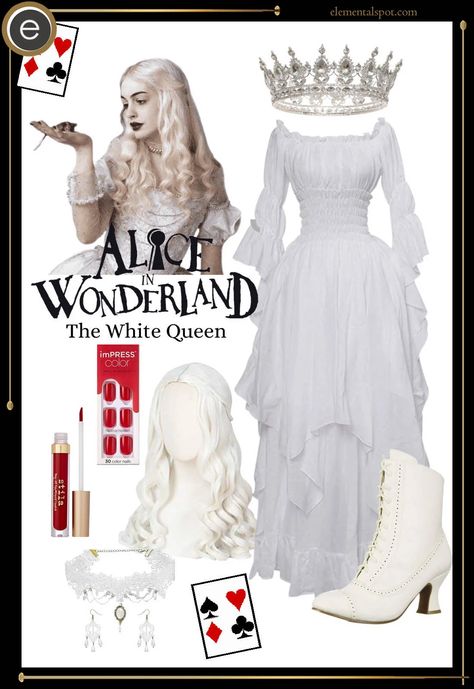 Dress Up Like The White Queen from Alice in Wonderland - Elemental Spot White Queen Outfit Ideas, Alice In Wonderland The White Queen, Diy White Queen Costume Wonderland, Alice In Wonderland Costume White Queen, The White Queen Costumes, Alice And The Wonderland Costumes, Queen Of Hearts And White Queen Costume, Alice From Alice In Wonderland Costume, Costumes With White Dress