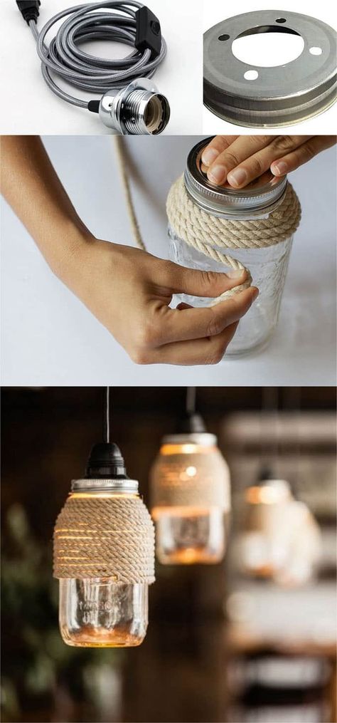 DIY Mason Jar Lights: 25 Best Tutorials, Kits, & Supplies - A Piece Of Rainbow Diy Mason Jar Lights, Diy Luminaire, Mason Jar Lights, Diy Hanging Shelves, Rainbow Diy, Diy Mason Jar, Mason Jar Projects, Diy Lampe, Lamp Outdoor