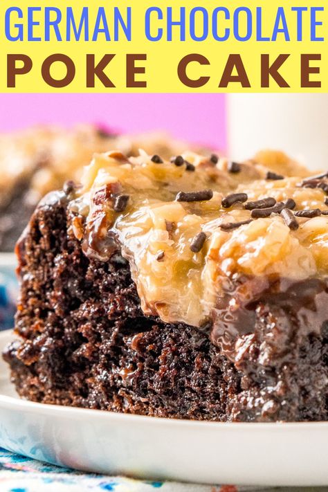 This German Chocolate Poke Cake takes the classic dessert recipe to a whole new level with a tender chocolate cake soaked in sweetened condensed milk and topped with a rich chocolate ganache and sweet coconut pecan frosting! #germanchocolatecake #pokecake #dessert #chocolatecake #coconut #pecan German Chocolate Poke Cake, German Chocolate Cake Recipe, Pecan Frosting, German Chocolate Cake Mix, Chocolate Poke Cake, Coconut Pecan Frosting, Poke Cake Recipes, Coconut Pecan, Poke Cakes