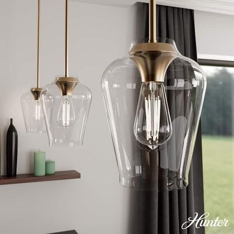 Hunter Vidria 1-Light Mini Pendant - Kitchen Island, Dining Room, Bedroom - Contemporary, Transitional - On Sale - Bed Bath & Beyond - 35995339 Bronze Island Lighting, Dining Room And Kitchen Island Lighting, Counter Lighting Kitchen, Above Island Lights, Antique Brass Pendant Light Kitchen, Lighting For Island Kitchen, Bathroom Pendant Lighting Ideas, Center Island Lighting Ideas, Light Fixtures Kitchen Table