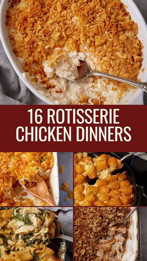 A collage of rotisserie chicken recipes. Recipes With Leftover Chicken, Best Rotisserie Chicken Recipe, Leftover Chicken Recipes Healthy, Leftover Chicken Casserole, Recipe Using Leftover Chicken, Easy Rotisserie Chicken Recipes, Rotisserie Chicken Uses, Rotisserie Chicken Recipes Healthy, Leftover Chicken Recipes Easy