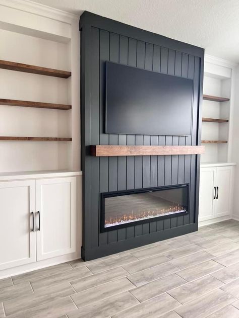 Fireplace Tv Wall With Shelves On One Side, Cheap Couches, Upstairs Living Room, Color In Interior Design, Cozy Living Room Decor, Gray Room, Room Decor Cozy, Built In Shelves Living Room, Living Room Built Ins