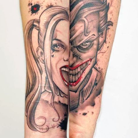 Silly Matching Tattoos Couples, Joker Couple Tattoo, Harley Quinn And The Joker Tattoo, Joker Harley Quinn Tattoo, Tattoos For Husband, Horror Tattoo Sleeve, Tattoo Harley Quinn, Joker And Harley Quinn Tattoo, Harley Quinn Tattoo Ideas