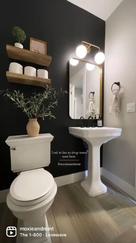 [Ad] Difficulty: Medium Paint - Sw Tricorn Black  Lighting Fixture  Mirror  Floating Shelves Find All Source Links Here: Https://Liketk.It/3Han7 #smallblackhalfbathroomideas Mirror Floating Shelves, Black Half Bathroom, Sw Tricorn Black, Small Powder Bathroom, Small Powder Bathroom Ideas, Powder Bathroom Ideas, Half Bathroom Design, Half Bath Decor, Small Half Bathroom