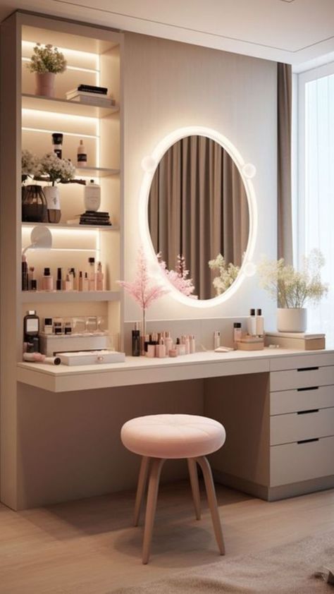 https://pin.it/1kMsa2QLF Led Dressing Table, Bathroom With Dressing Table, Long Dressing Table Design, Dressing Tables Ideas, Home Design Accessories, Vanity Ideas Bedroom With Shelves, Hollywood Mirror Dressing Table, Vanity Makeup Ideas, Make Up Mirror With Light