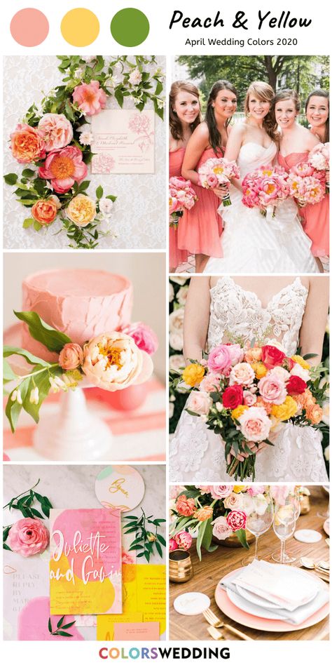 Colors Wedding | 8 Perfect April Wedding Color Combos for 2020 Wedding Colors For April, Wedding Colors April, Peach Yellow Wedding, April Wedding Colors, April Images, Wedding Cake Peach, Spring Wedding Outfit, Colorful Bridal Bouquet, Spring Wedding Color Palette