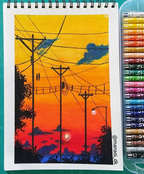 Easy Oilpastels Sunset Drawing. Follow For More Such Colourfull Pins😉 ----- #repost #drawing #acrylicpaint #kids #easy #painting #latest #printrest #art #artinspiration #design #craftsforkids #diycrafts #decoratingideas #interiordesign #sketches #designideas #artwork #artist #artdrawing #pencilart #justdraw #drawoftheday #followformore Natural Scenery Drawing With Oil Pastels, Oil Pastel Drawings Easy Scenery, Oil Pastel Scenery, Pastel Scenery, Sunset Drawing, Oil Pastel Drawings Easy, Scene Drawing, Scenery Paintings, Oil Pastel Drawings