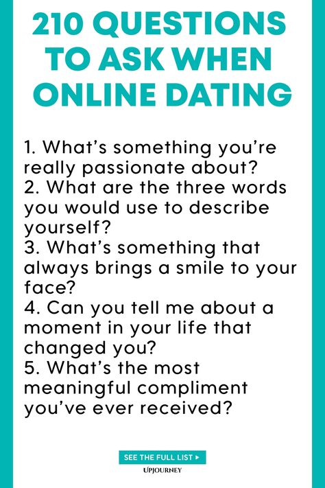 Discover a list of 210 thought-provoking questions to ask when dating online. Whether you're just getting to know someone or want to deepen your connection, these questions can help spark engaging conversations and build a strong foundation for your relationship. Take the guesswork out of online dating and get to know your match on a deeper level with these expertly crafted questions. Start meaningful conversations, create lasting connections, and find common ground with this comprehensive list Questions To Ask When Getting To Know Someone, Questions To Ask When Dating Someone New, Dating Questions Getting To Know, Online Dating Questions, Love Profile Picture, Couples Journal, Online Dating Apps, Deep Questions To Ask, Questions To Ask Your Boyfriend