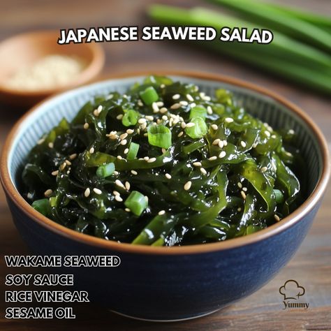 🌟 Dive into the flavors of the sea with this refreshing Japanese Seaweed Salad! 🌿🍣 Japanese Seaweed Salad Ingredients: - 1 oz dried wakame seaweed - 2 tbsp soy sauce - 1 tbsp rice vinegar - 1 tbsp sesame oil - 1 tbsp sugar - 1 tsp grated ginger - 1 tsp sesame seeds - 2 green onions, thinly sliced Instructions: 1. Soak wakame in warm water for 10 mins. 2. Drain wakame and squeeze out excess water. 3. In a bowl, mix soy sauce, vinegar, oil, sugar, and ginger. 4. Add wakame, sesame seeds, and... Salad Japanese, Seaweed Recipes, Wakame Salad, Bowls Recipes, Wakame Seaweed, Cozy Fall Recipes, Healthy Bowls Recipes, Inflammatory Diet, Healthy Bowls