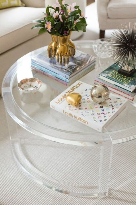 Ideas For How to Style a Round Coffee Table | Apartment Therapy Glass Coffee Table Decor, Round Coffee Table Styling, Round Coffee Table Decor, Clear Coffee Table, Circular Coffee Table, Round Glass Coffee Table, Chic Coffee Table, Acrylic Coffee Table, Simple Coffee Table