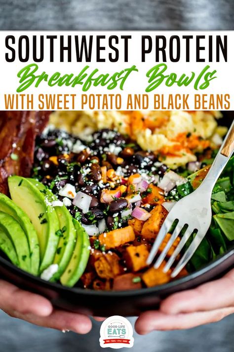 Black Bean Breakfast Bowl, Breakfast With Beans, Southwest Breakfast Bowl, High Protein Breakfast Bowls, Protein Breakfast Bowls, Iifym Breakfast, Bowls With Sweet Potato, Sweet Potato And Black Beans, Southwest Breakfast