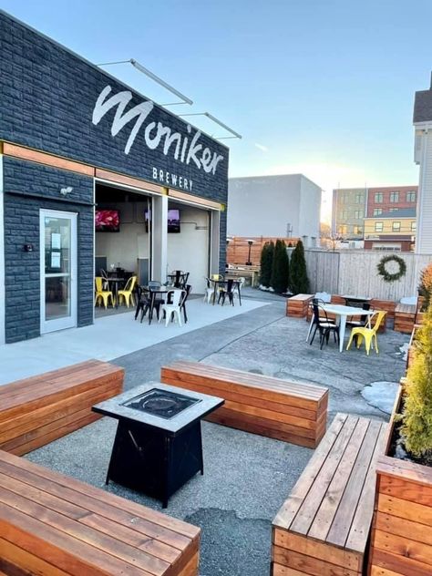 Moniker Brewery is Buzzing as Providence's Newest Beer Garden - Rhode Island Monthly Brewery Patio Ideas, Beer House Design, Brewery Patio, Small Beer Garden Ideas, Brewery Ideas, Brewery Decor Interior Design, Outdoor Brewery, Brewery Outdoor Space, Outdoor Brewery Patio